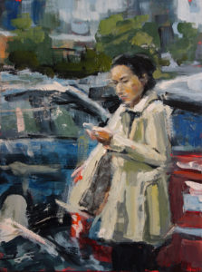 j farnsworth painting of woman waitng for a taxi