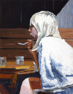 j farnsworth painting of young woman having lunch