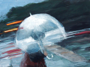 j farnsworth painting of woman walking in the rain
